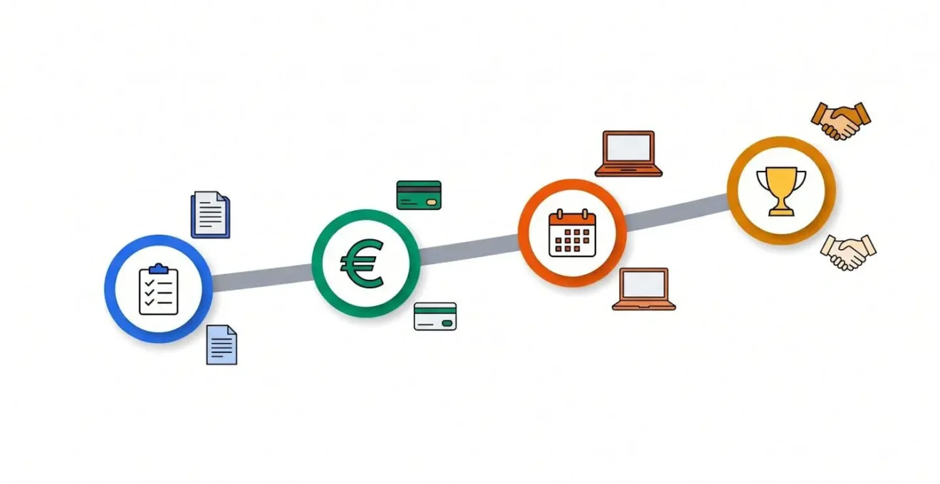 Timeline infographique montrant les 4 étapes clés du parcours de formation en closing, de l'inscription à la première mission.